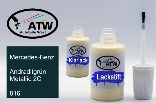 Mercedes-Benz, Andraditgrün Metallic 2C, 816: 20ml Lackstift + 20ml Klarlack - Set, von ATW Autoteile West.